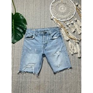 Levi’s Premium 501 Light Wash Blue Distressed Raw Hem Bermuda Shorts